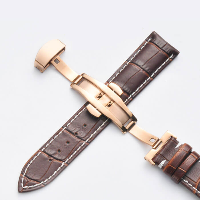 Bracelet Cuir Boucle Or Rose Papillon déployante Marron & Blanc Bracelet Cuir Boucle Or Rose Papillon déployante Marron & Blanc