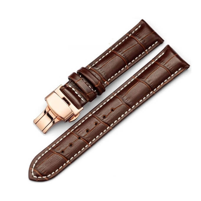 Bracelet Cuir Boucle Or rose Papillon déployante Marron & Blanc Bracelet Cuir Boucle Or rose Papillon déployante Marron & Blanc