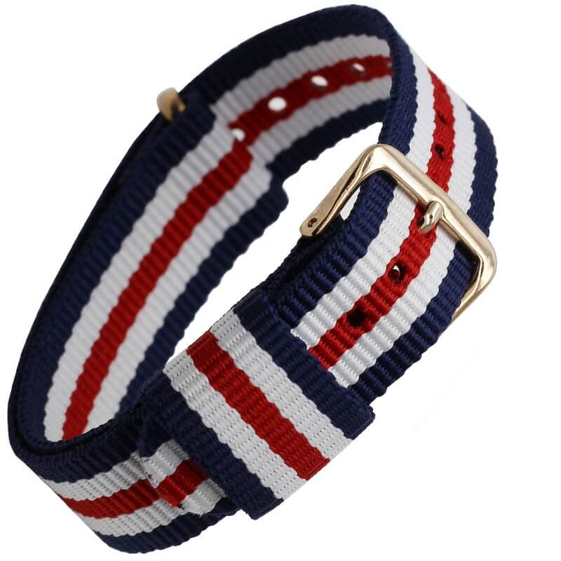 Bracelet Nylon remplacement Daniel Wellington Boucle Dorée Tricolor Bleu Blanc Rouge 18mm 20mm